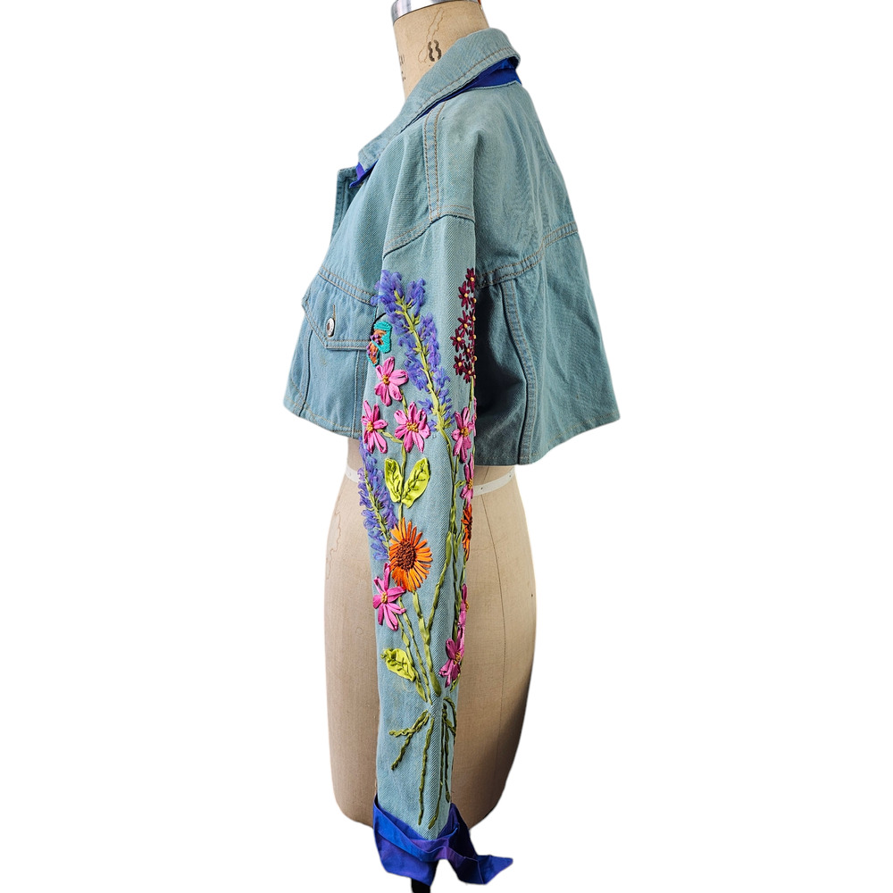 Jacket Upcycled blue green denim ribbon embroidered floral cropped Small - Picture 3 of 13